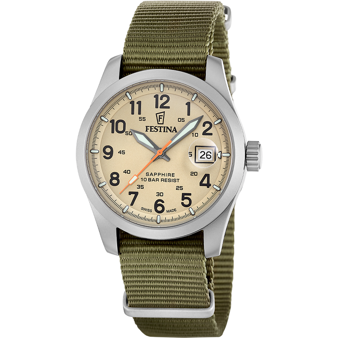 Festina Field F20082/1 - cassa acciaio - quadrante beige con datario - cinturino nylon verde scuro