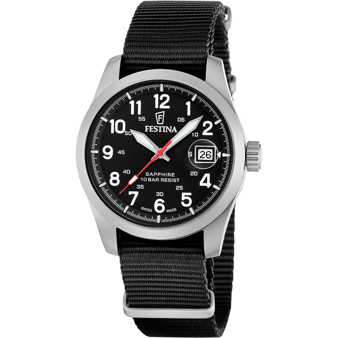 Festina Field F20082/3 - cinturino nylon nero - cassa acciaio - quadrante nero con datario