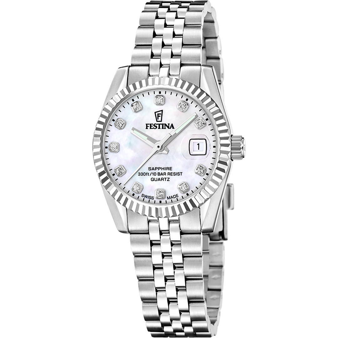 Festina Classic steel F20087/1 - bracciale e cassa acciaio - quadrante madreperla con datario e brillanti