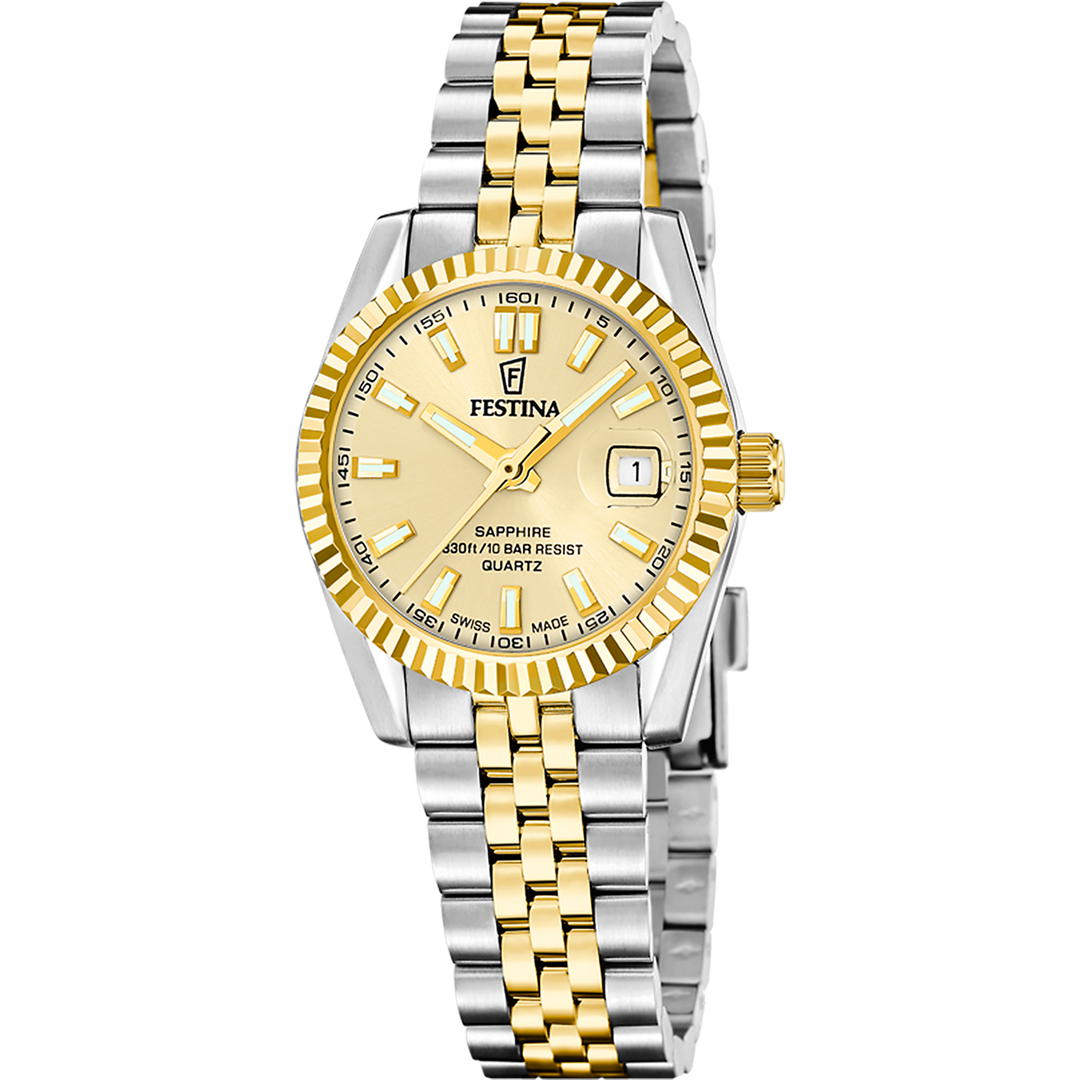 Festina Classic steel F20088/2 - bracciale acciaio/oro giallo - cassa acciaio  quadrante oro con datario