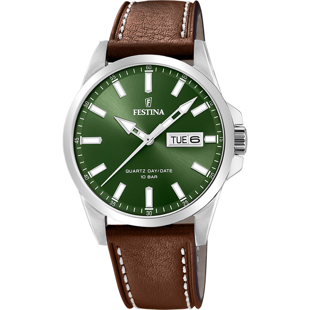 Festina Classic F20358/5 - cinturino pelle marrone - cassa acciaio - quadrante verde con datario