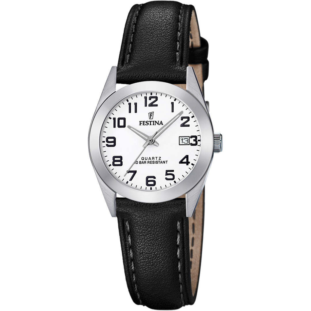 Festina Classic F20447/1 - cinturino pelle nero - cassa acciaio - quadrante bianco con datario