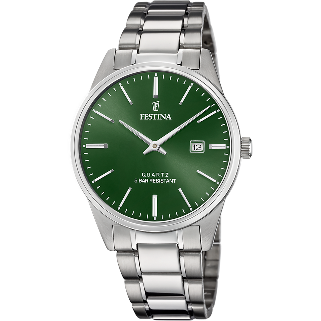 Festina Classic F20511/5 - bracciale e cassa acciaio - quadrante verde scuro con datario