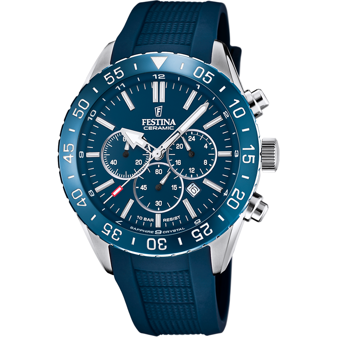 Festina Ceramic F20515/1 - cassa acciaio - cinturino gomma blu - quadrante blu con cronografo e datario