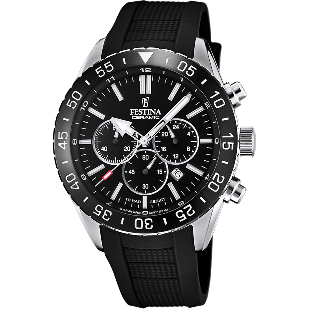 Festina Ceramic F20515/2 - cassa acciaio - cinturino gomma nera - quadrante nero con cronografo e datario