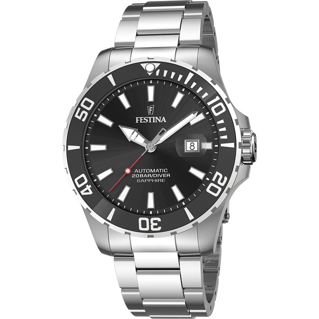 Festina Automatic F20531/4 - bracciale e cassa acciaio - quadrante e ghiera neri - datario