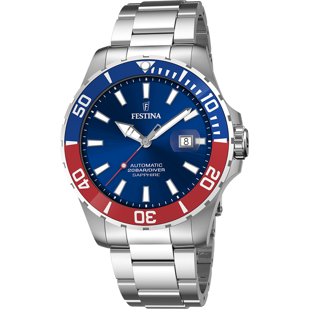 Festina Automatic F20531/5 - bracciale e cassa acciaio - quadrante blu con datario - ghiera blu e rossa