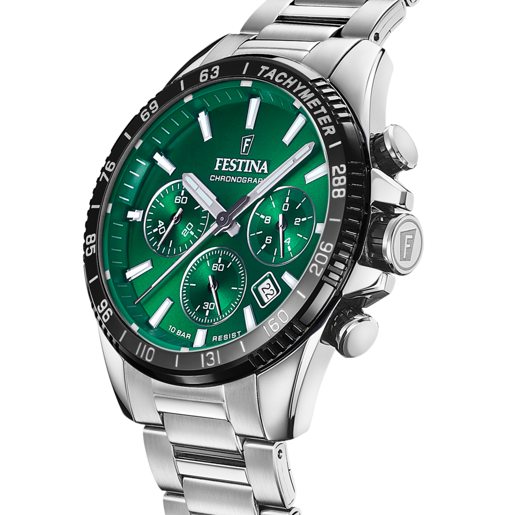 Festina Timeless Chronograph F20560/4 - bracciale e cassa acciaio - quadrante verde con cronografo e datario
