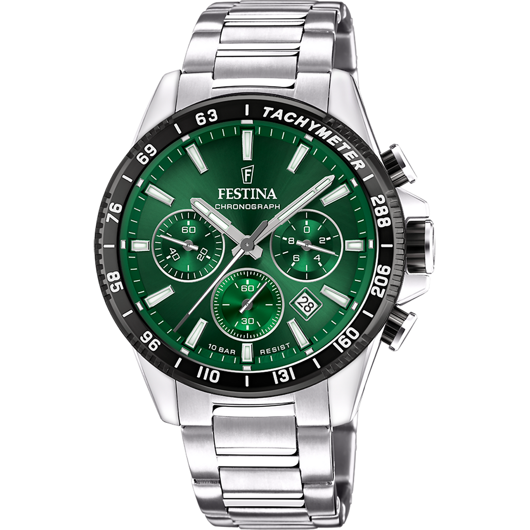 Festina Timeless Chronograph F20560/4 - bracciale e cassa acciaio - quadrante verde con cronografo e datario