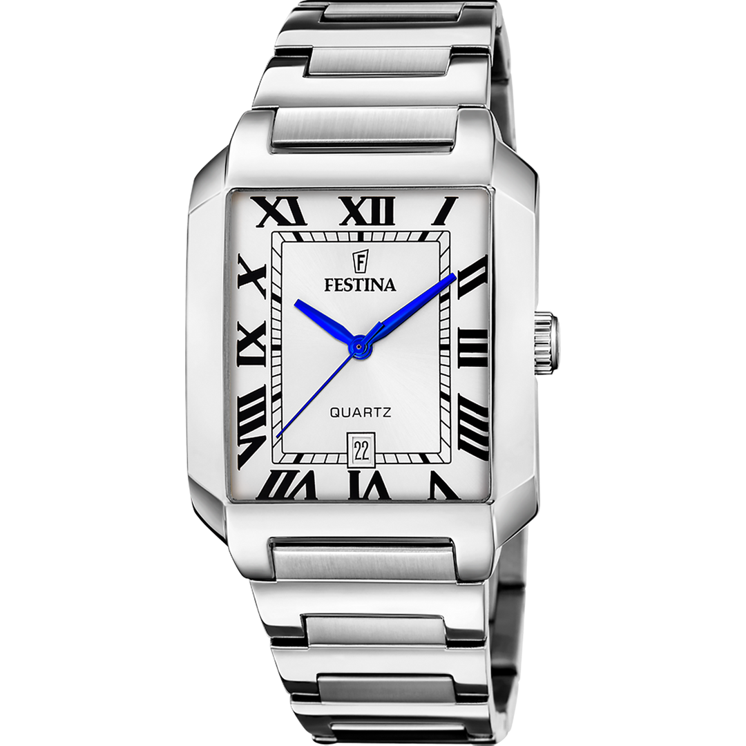 Festina On the Square F20677/1 - cassa e bracciale acciaio - quadrante argento - datario