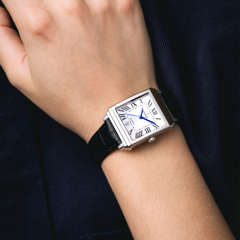 Festina On the Square F20682/3 - cinturino nero in pelle - cassa acciaio - quadrante argento con datario - polso