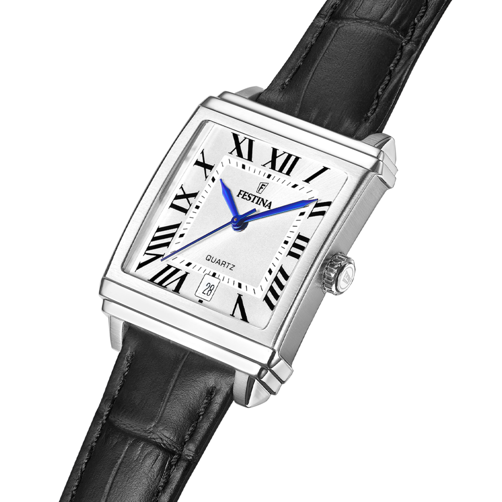 Festina On the Square F20682/3 - cinturino nero in pelle - cassa acciaio - quadrante argento con datario