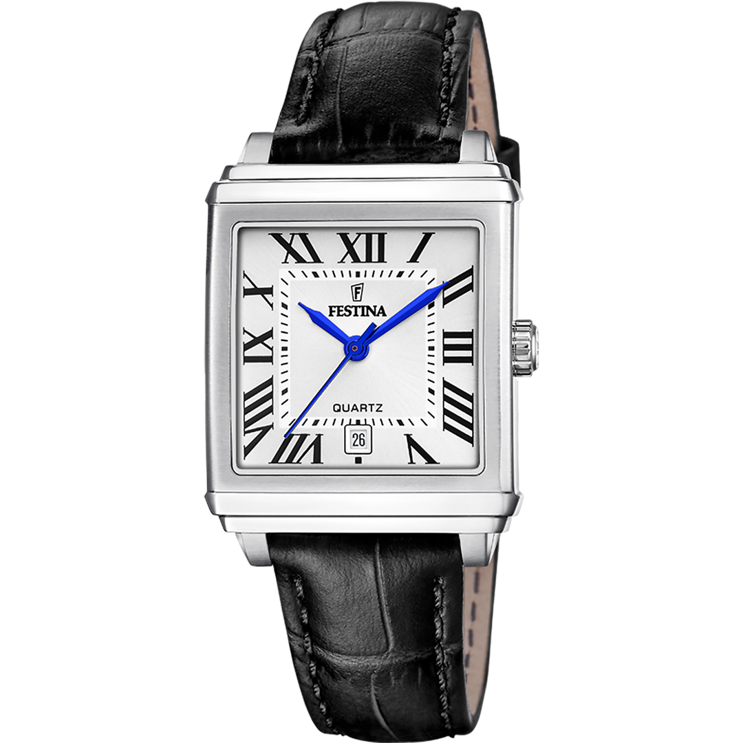 Festina On the Square F20682/3 - cinturino nero in pelle - cassa acciaio - quadrante argento con datario