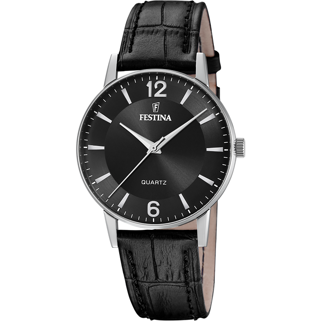 Festina Classics F20690/4 - cinturino nero pelle - cassa acciaio - quadrante nero con indici argentati