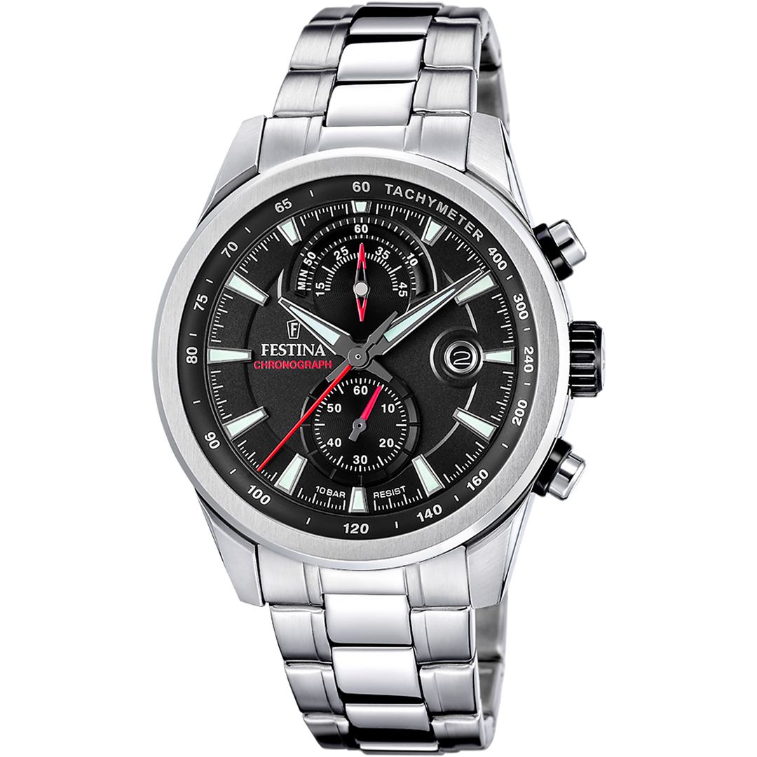 Festina Timeless Chronograph F20694/6 - bracciale e cassa acciaio - quadrante nero con cronografo e datario