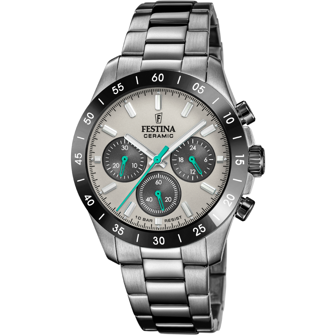 Festina Ceramic F20703/1 - bracciale, cassa e quadrante grigi - cronografo e datario
