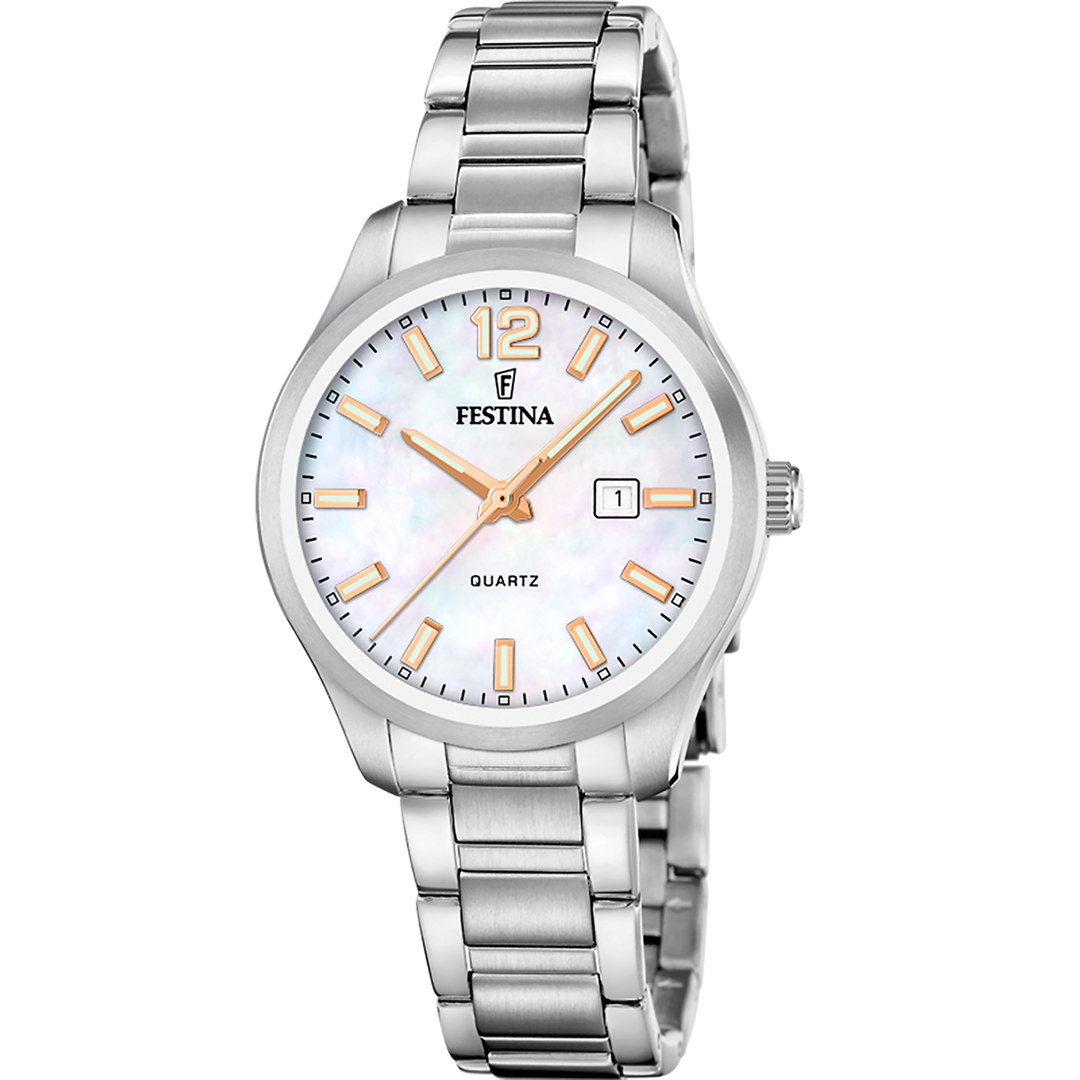 Festina Classic F20737/6 - bracciale e cassa acciaio - quadrante madreperla con datario e indici oro