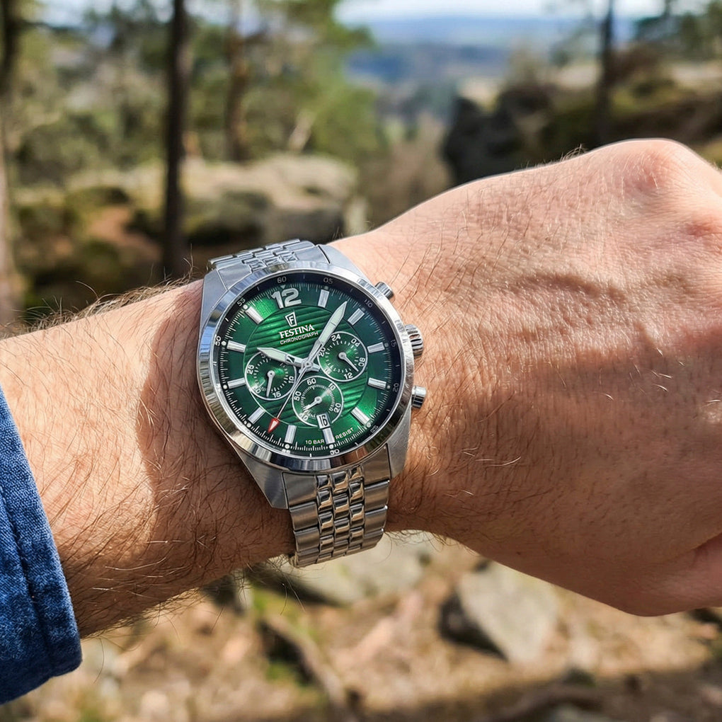 Festina Timeless chronograph F20742/5 - bracciale e cassa acciaio - quadrante verde con datario e cronografo - polso