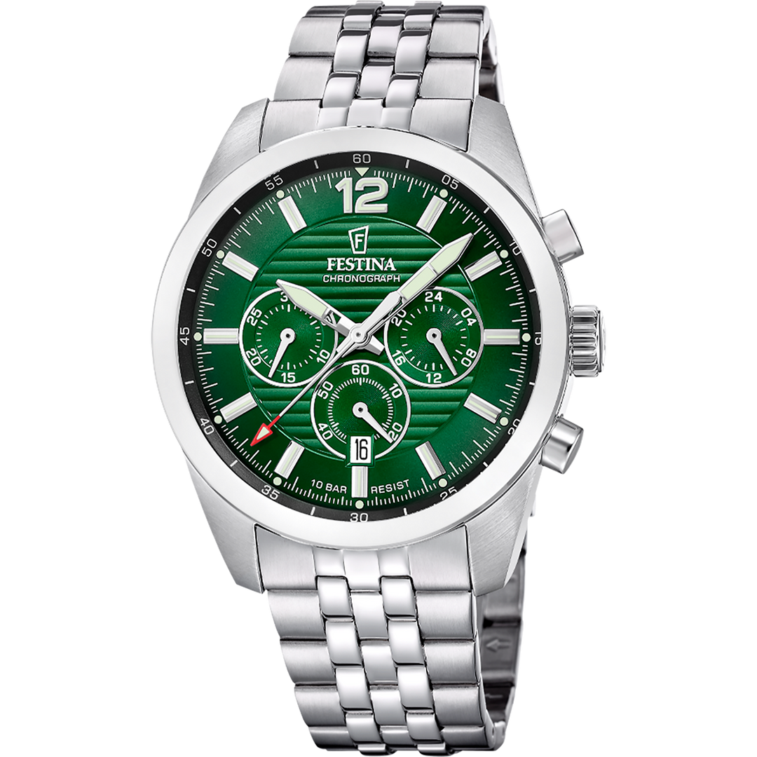 Festina Timeless chronograph F20742/5 - bracciale e cassa acciaio - quadrante verde con datario e cronografo