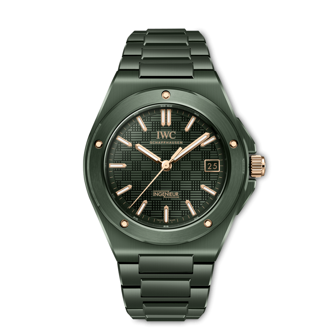 IWC Ingenieur Automatic 42 IW338902 - bracciale e cassa ceramica verde oliva scuro - quadrante verde scuro con datario