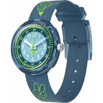 Load image into Gallery viewer, Orologio Flik Flak Code Talk modello FPNP174 con cassa verde in plastica e quadrante blu con lancette colorate bianco, blu e verde.
