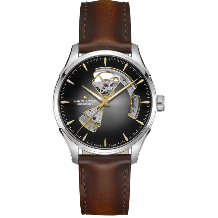 Hamilton Jazzmaster Open Heart Auto H32675581 - cassa acciaio - cinturino marrone in pelle - quadrante nero con movimento a vista