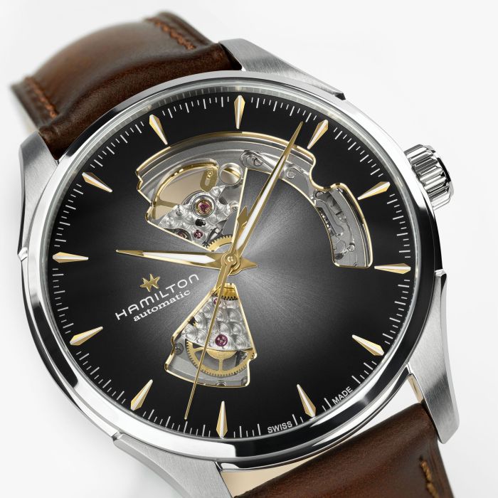 Hamilton Jazzmaster Open Heart Auto H32675581 - cassa acciaio - cinturino marrone in pelle - quadrante nero con movimento a vista