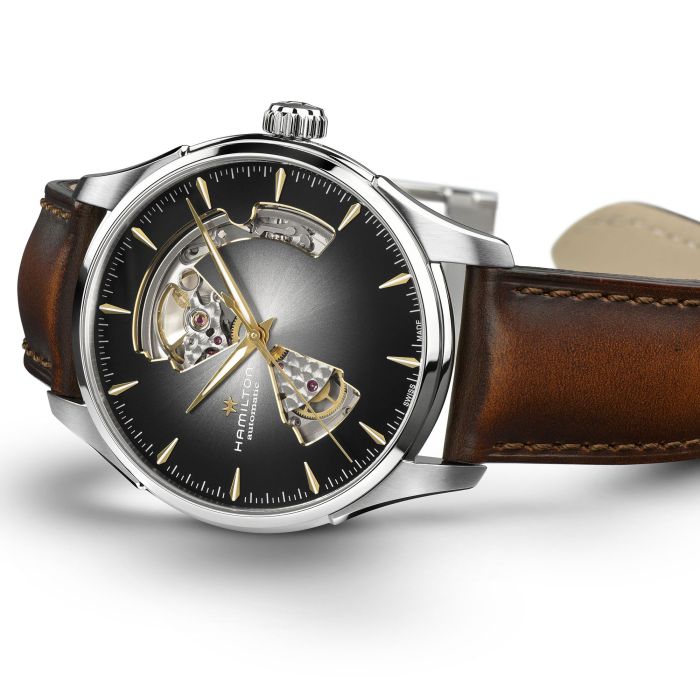 Hamilton Jazzmaster Open Heart Auto H32675581 - cassa acciaio - cinturino marrone in pelle - quadrante nero con movimento a vista