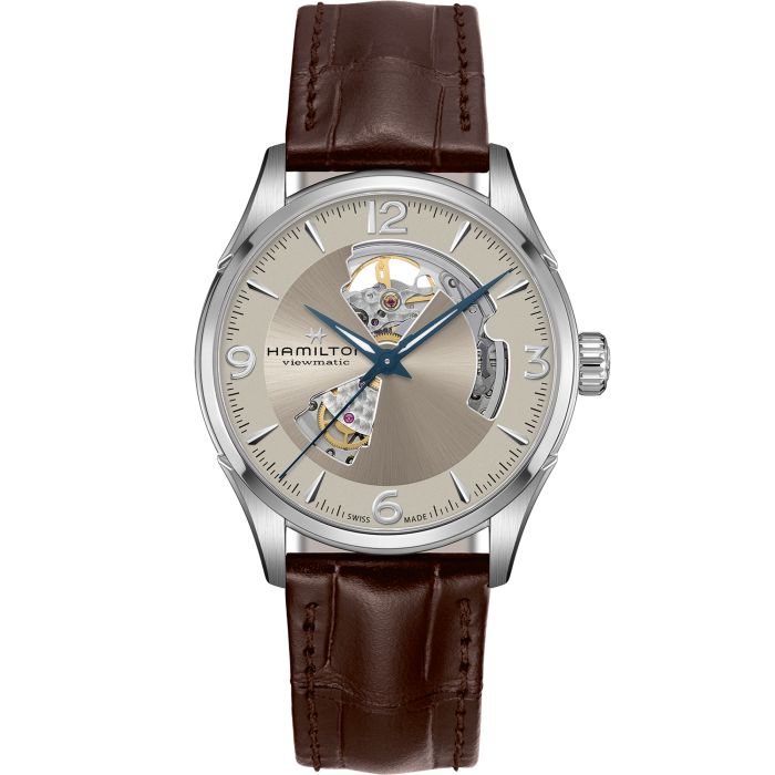 Hamilton Jazzmaster Open Heart Auto H32705521 - cassa acciaio - cinturino pelle marrone - quadrante beige con movimento a vista