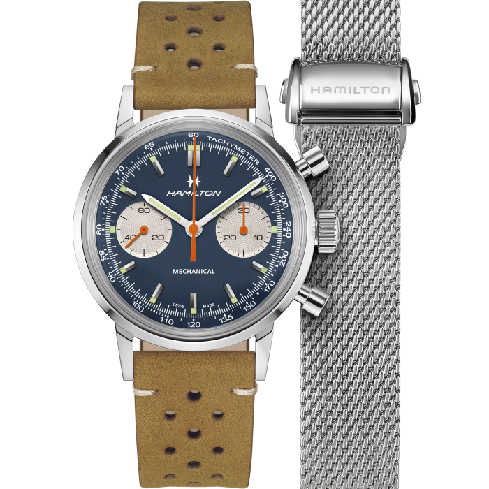 Hamilton American Classic Intra-Matic Chronograph H H38429541 - cassa acciaio - cinturino beige in pelle - quadrante blu con cronografo e tachimetro