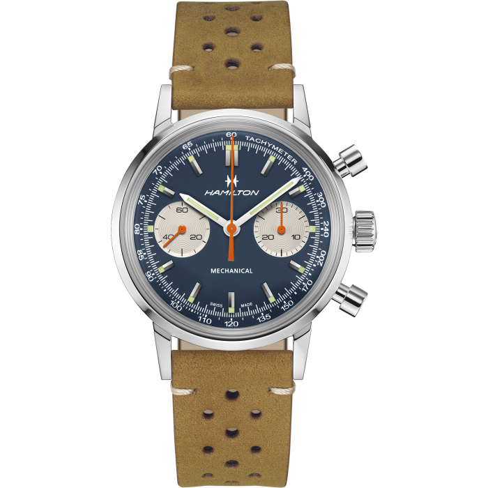 Hamilton American Classic Intra-Matic Chronograph H H38429541 - cassa acciaio - cinturino beige in pelle - quadrante blu con cronografo e tachimetro