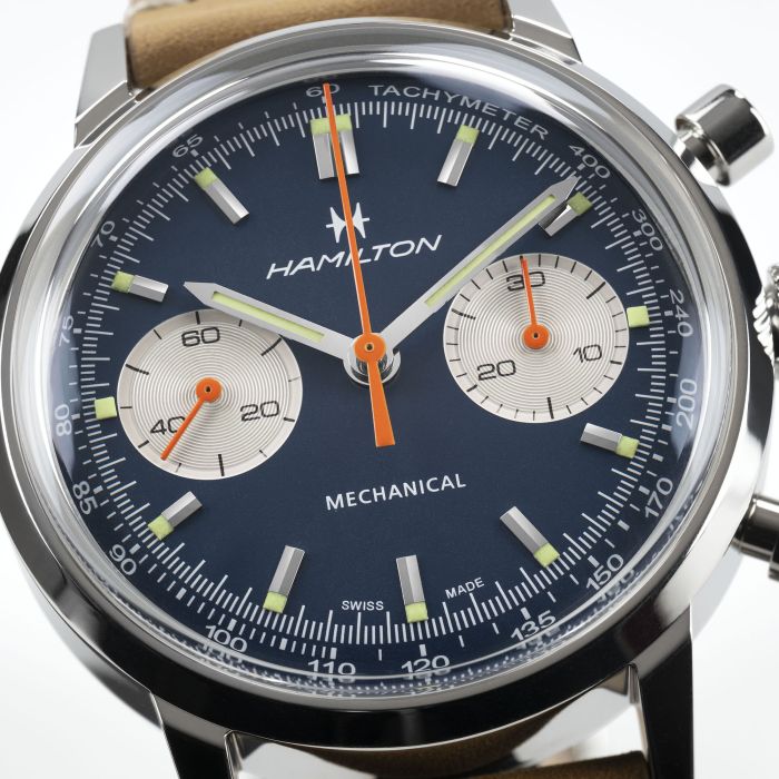 Hamilton American Classic Intra-Matic Chronograph H H38429541 - cassa acciaio - cinturino beige in pelle - quadrante blu con cronografo e tachimetro