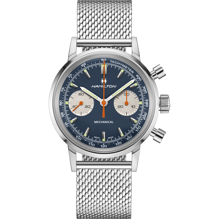Hamilton American Classic Intra-Matic Chronograph H H38429541 - cassa acciaio - cinturino beige in pelle - quadrante blu con cronografo e tachimetro