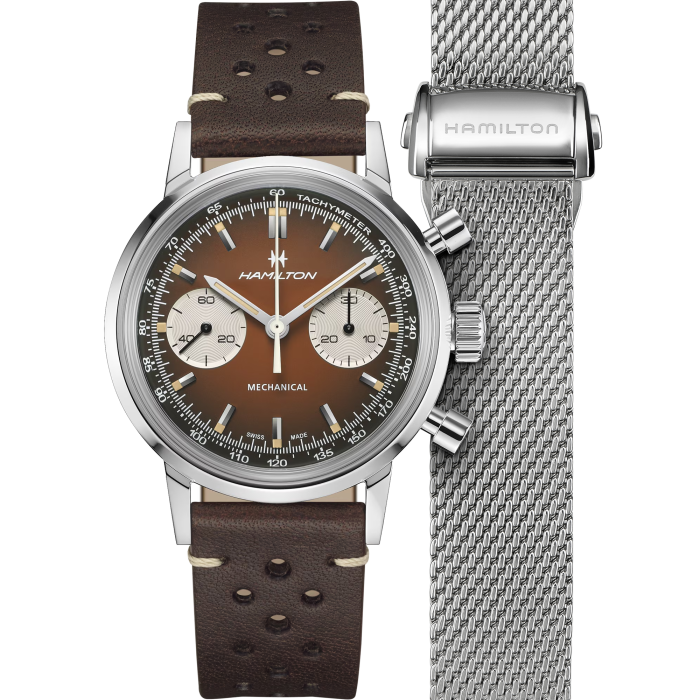 Hamilton American Classic Intra-Matic Chronograph H H38429591  - cassa acciaio - cinturino marrone in pelle - quadrante marrone con cronografo e tachimetro