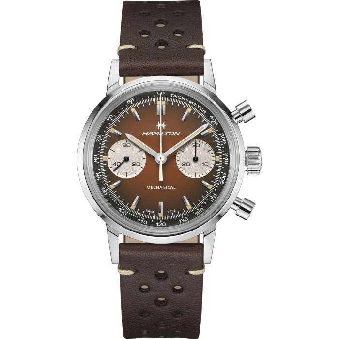 Hamilton American Classic Intra-Matic Chronograph H H38429591  - cassa acciaio - cinturino marrone in pelle - quadrante marrone con cronografo e tachimetro