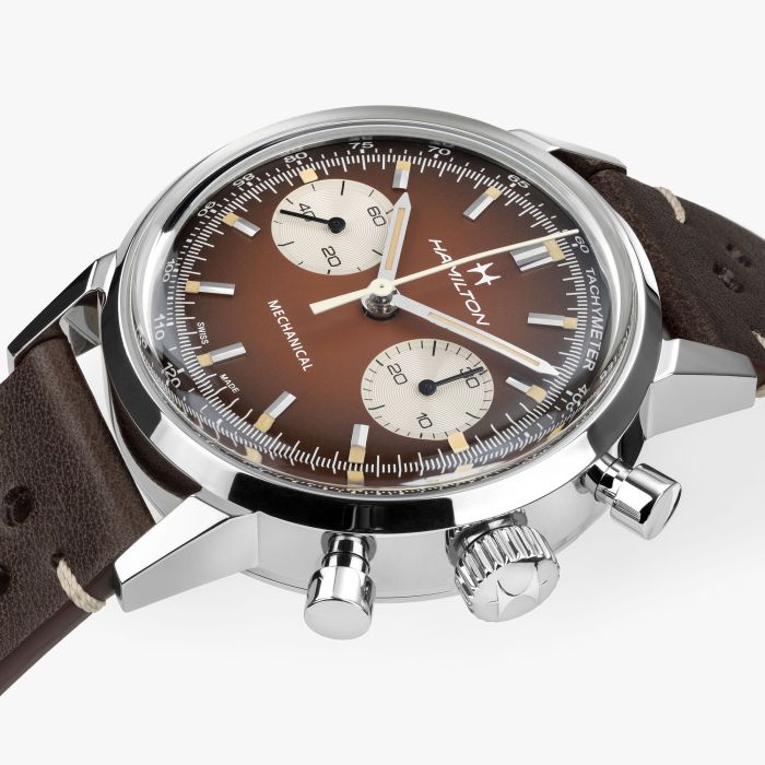 Hamilton American Classic Intra-Matic Chronograph H H38429591  - cassa acciaio - cinturino marrone in pelle - quadrante marrone con cronografo e tachimetro