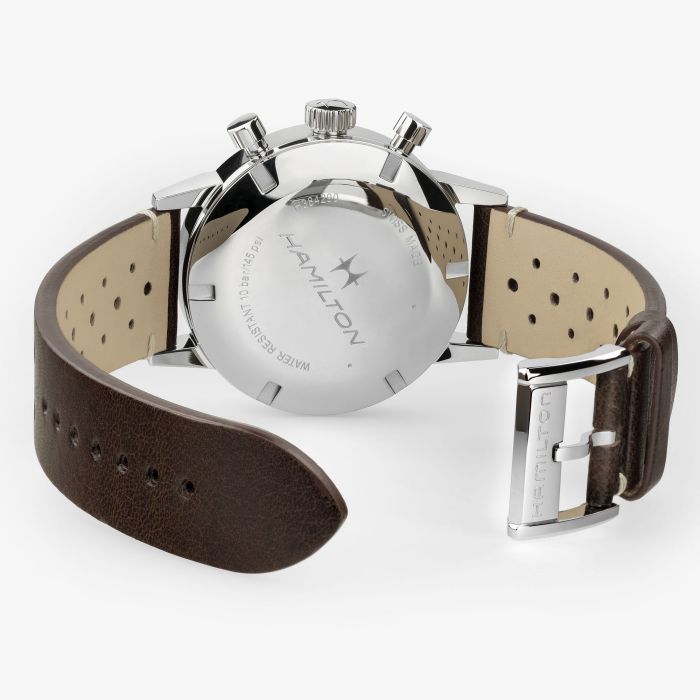 Hamilton American Classic Intra-Matic Chronograph H H38429591  - cassa acciaio - cinturino marrone in pelle - quadrante marrone con cronografo e tachimetro