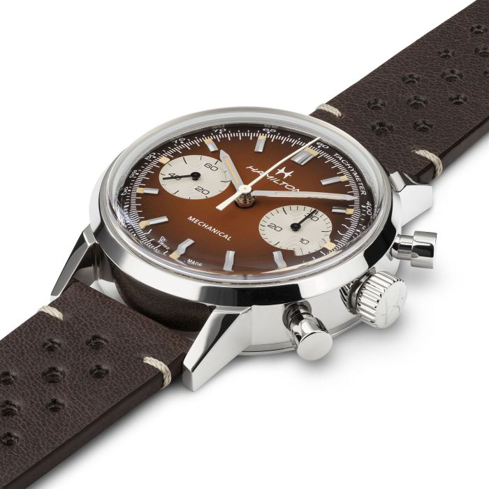 Hamilton American Classic Intra-Matic Chronograph H H38429591  - cassa acciaio - cinturino marrone in pelle - quadrante marrone con cronografo e tachimetro