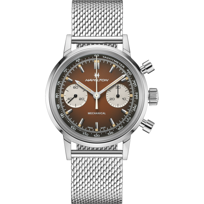 Hamilton American Classic Intra-Matic Chronograph H H38429591  - cassa acciaio - cinturino marrone in pelle - quadrante marrone con cronografo e tachimetro