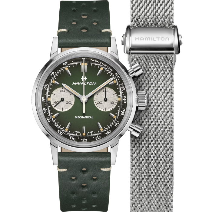 Hamilton American Classic Intra-Matic Chronograph H H38429861 - cassa acciaio - cinturino verde in pelle - quadrante verde con cronografo e tachimetro