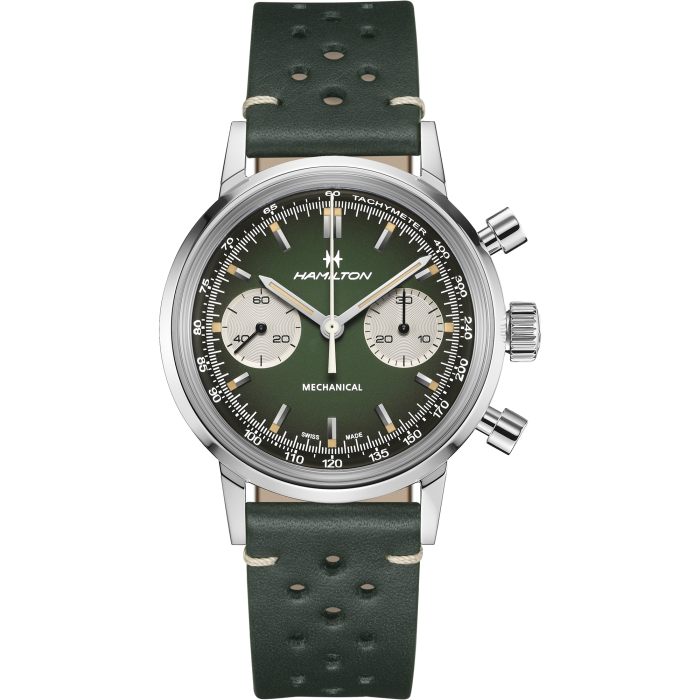 Hamilton American Classic Intra-Matic Chronograph H H38429861 - cassa acciaio - cinturino verde in pelle - quadrante verde con cronografo e tachimetro