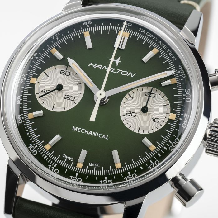 Hamilton American Classic Intra-Matic Chronograph H H38429861 - cassa acciaio - cinturino verde in pelle - quadrante verde con cronografo e tachimetro