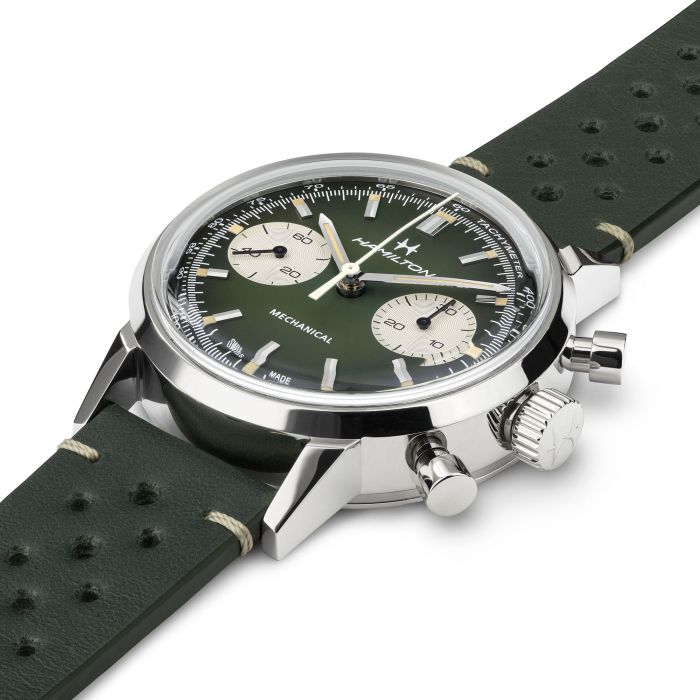 Hamilton American Classic Intra-Matic Chronograph H H38429861 - cassa acciaio - cinturino verde in pelle - quadrante verde con cronografo e tachimetro