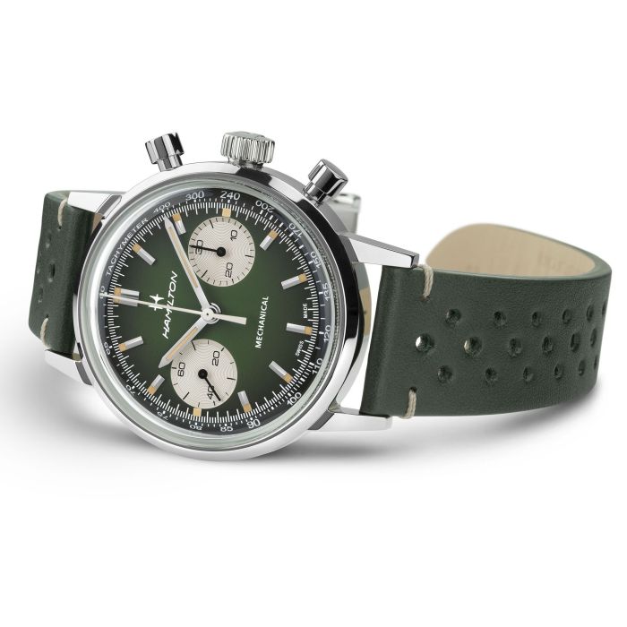 Hamilton American Classic Intra-Matic Chronograph H H38429861 - cassa acciaio - cinturino verde in pelle - quadrante verde con cronografo e tachimetro