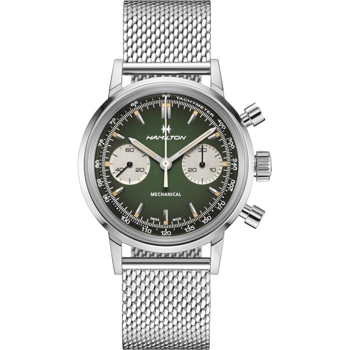 Hamilton American Classic Intra-Matic Chronograph H H38429861 - cassa acciaio - cinturino verde in pelle - quadrante verde con cronografo e tachimetro