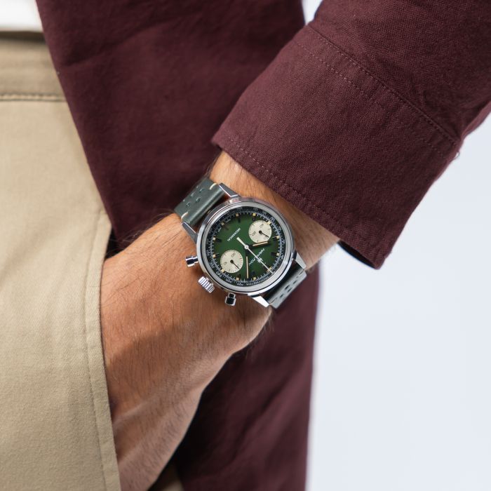Hamilton American Classic Intra-Matic Chronograph H H38429861 - cassa acciaio - cinturino verde in pelle - quadrante verde con cronografo e tachimetro