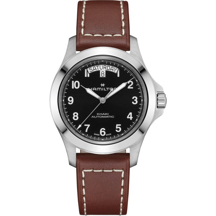 Hamilton Khaki Field King Day-date H64475531 - cassa acciaio - cinturino marrone in pelle - quadrante nero con datario