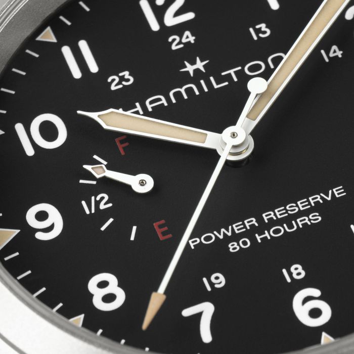 Hamilton Khaki Field Mechanical Power Reserve H69509130 - bracciale e cassa acciaio - quadrante nero con indicatore di carica
