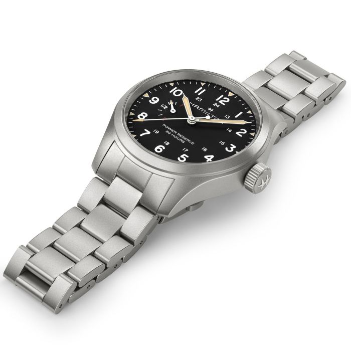 Hamilton Khaki Field Mechanical Power Reserve H69509130 - bracciale e cassa acciaio - quadrante nero con indicatore di carica