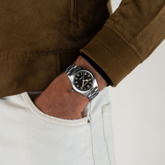Hamilton Khaki Field Murph H70405130 - bracciale e cassa acciaio - quadrante nero - polso